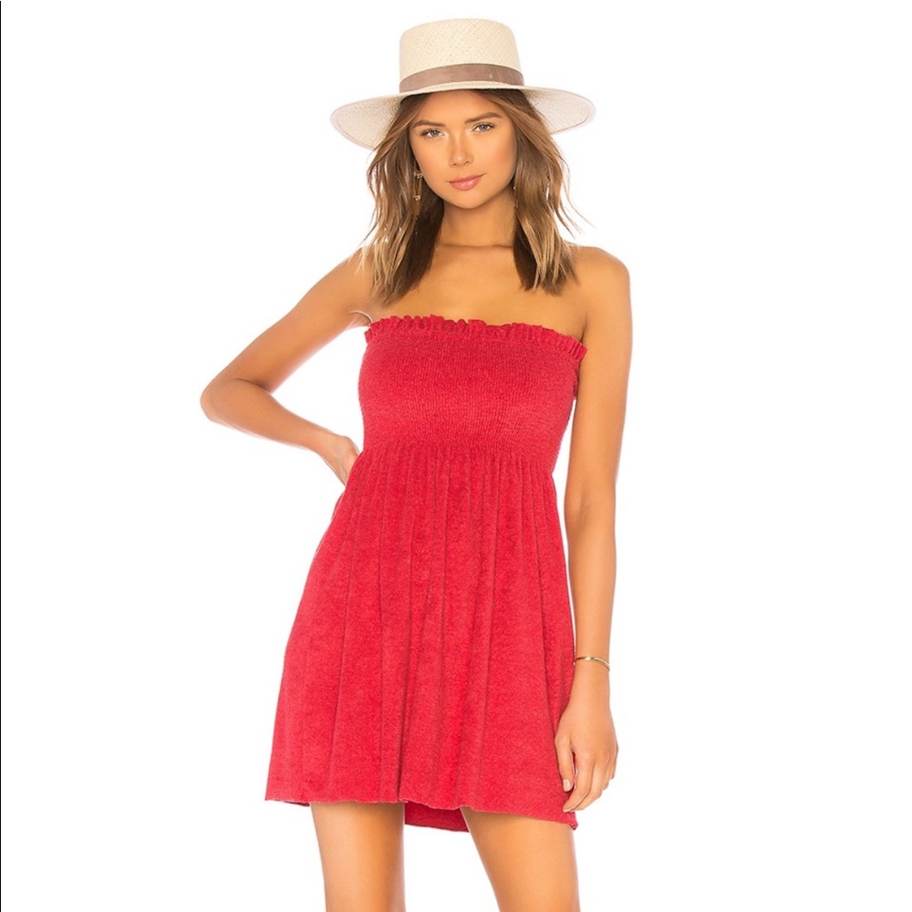 Red, strapless mini-dress
